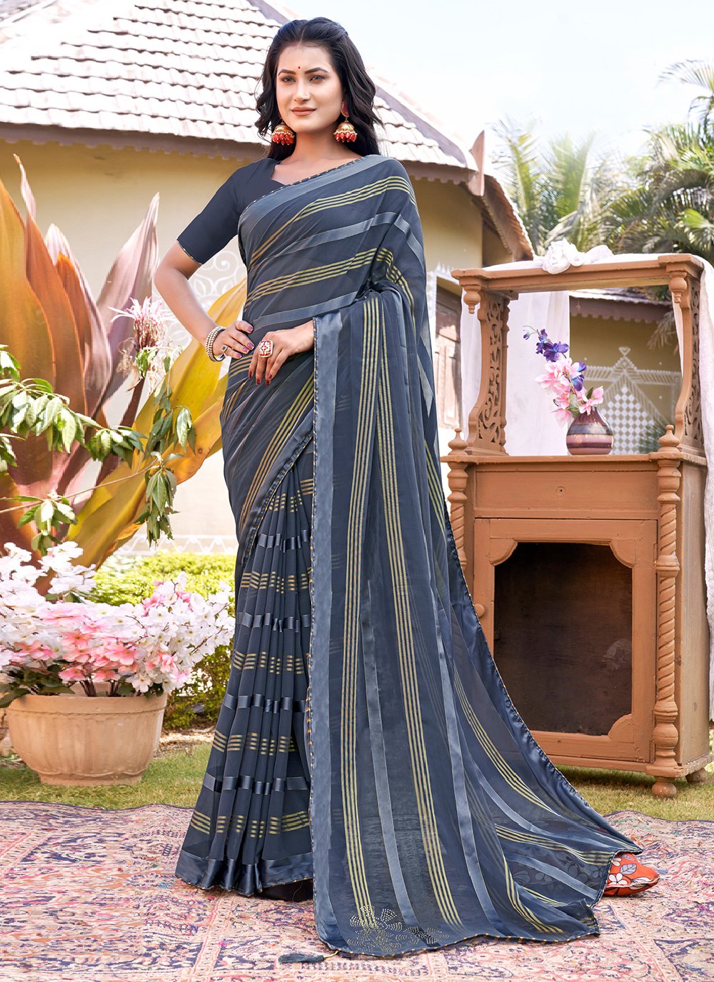 Trendy Saree Fancy Fabric Grey Woven Saree