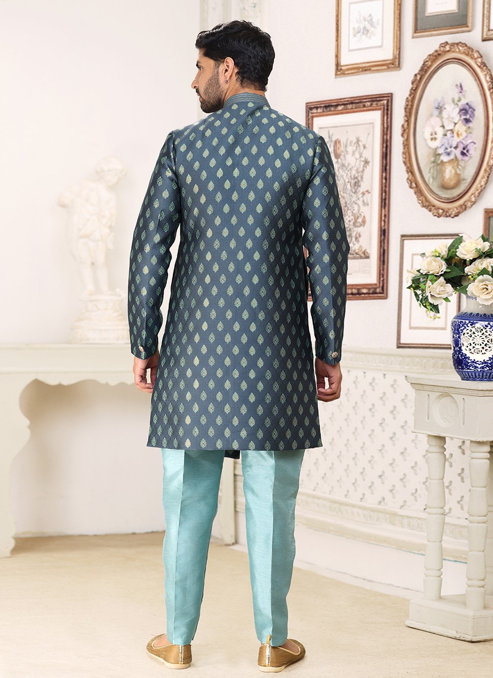 Indo Western Banarasi Jacquard Grey Fancy Work Mens