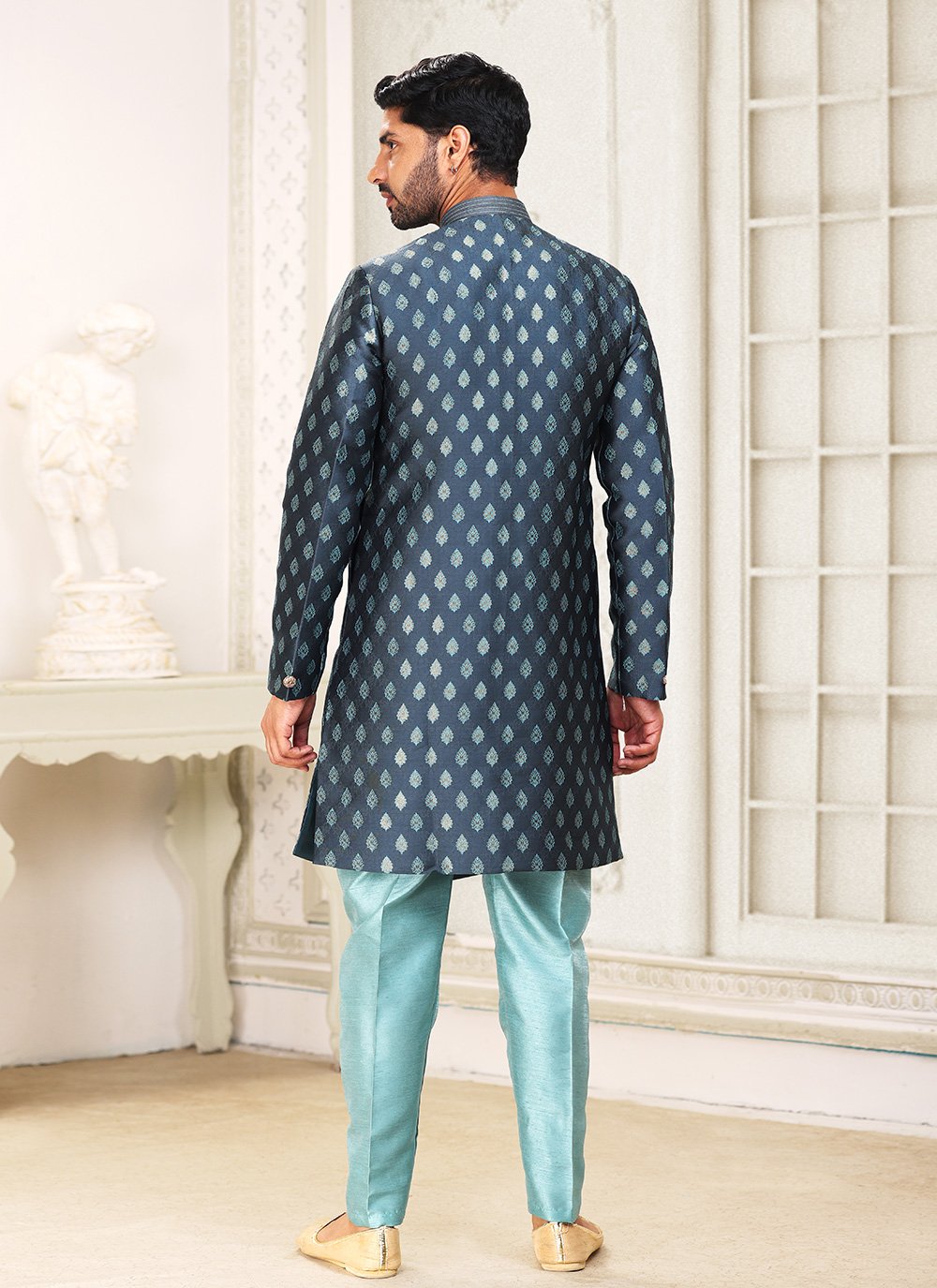 Indo Western Banarasi Jacquard Grey Fancy Work Mens