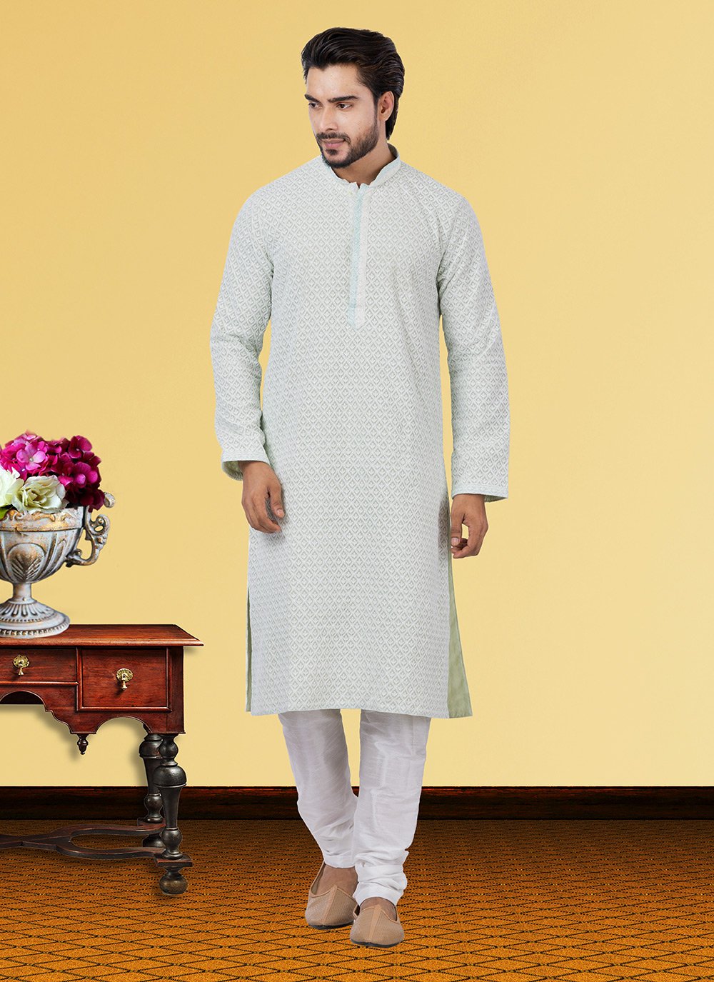 Kurta Pyjama Georgette Grey Embroidered Mens