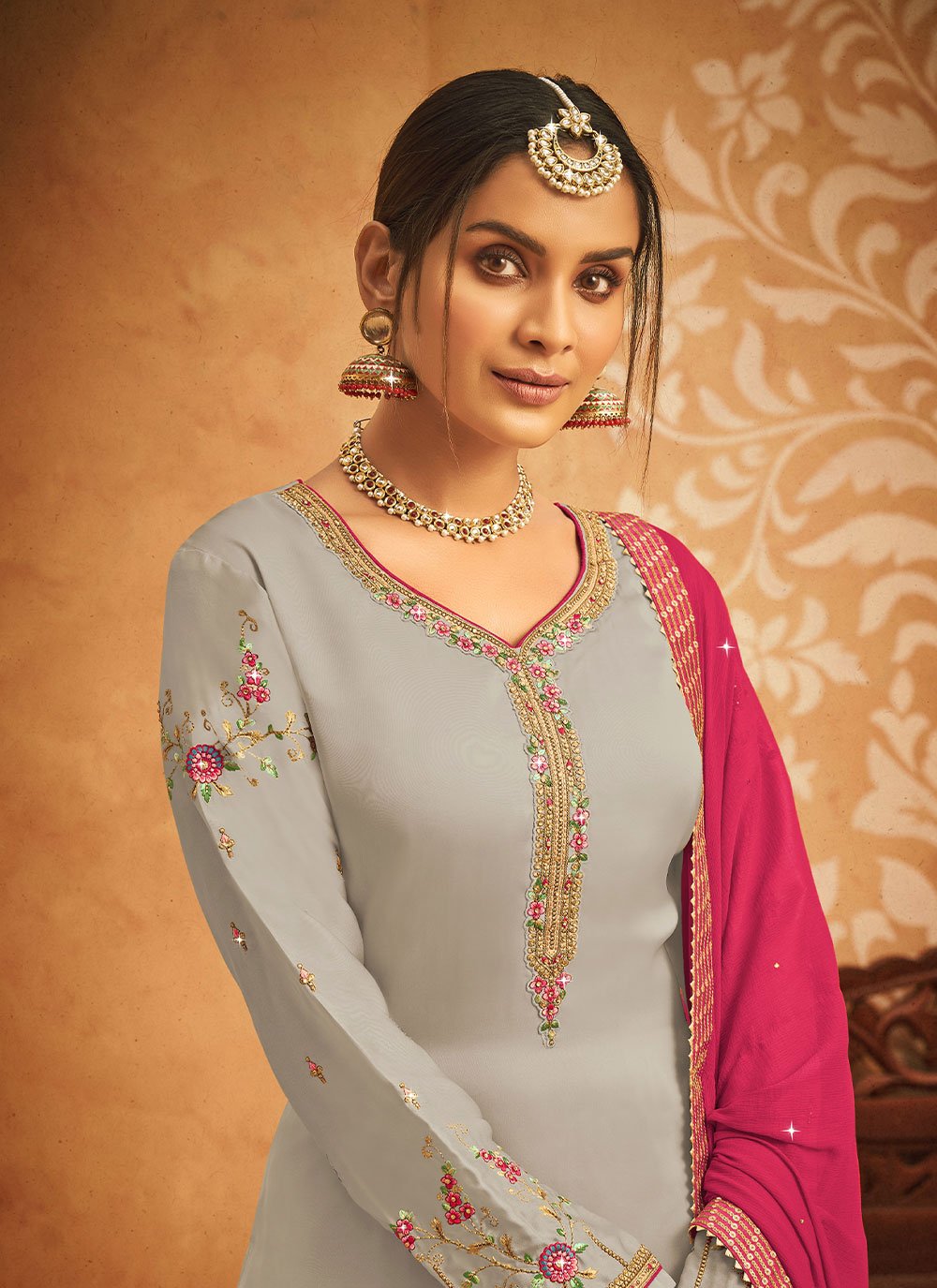 Lehenga Choli Georgette Satin Grey Embroidered Lehenga Choli