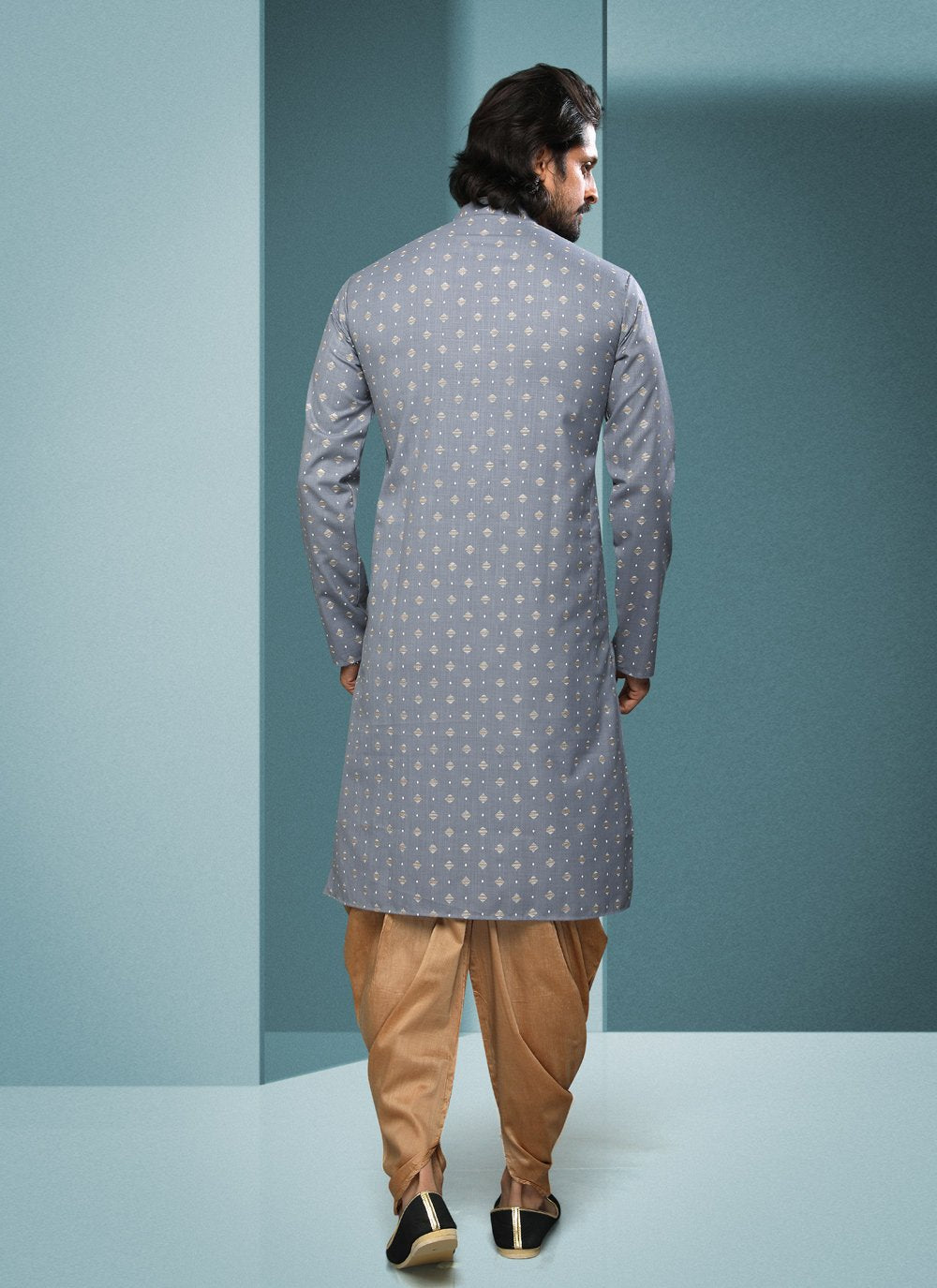 Dhoti Kurta Handloom Cotton Grey Digital Print Mens