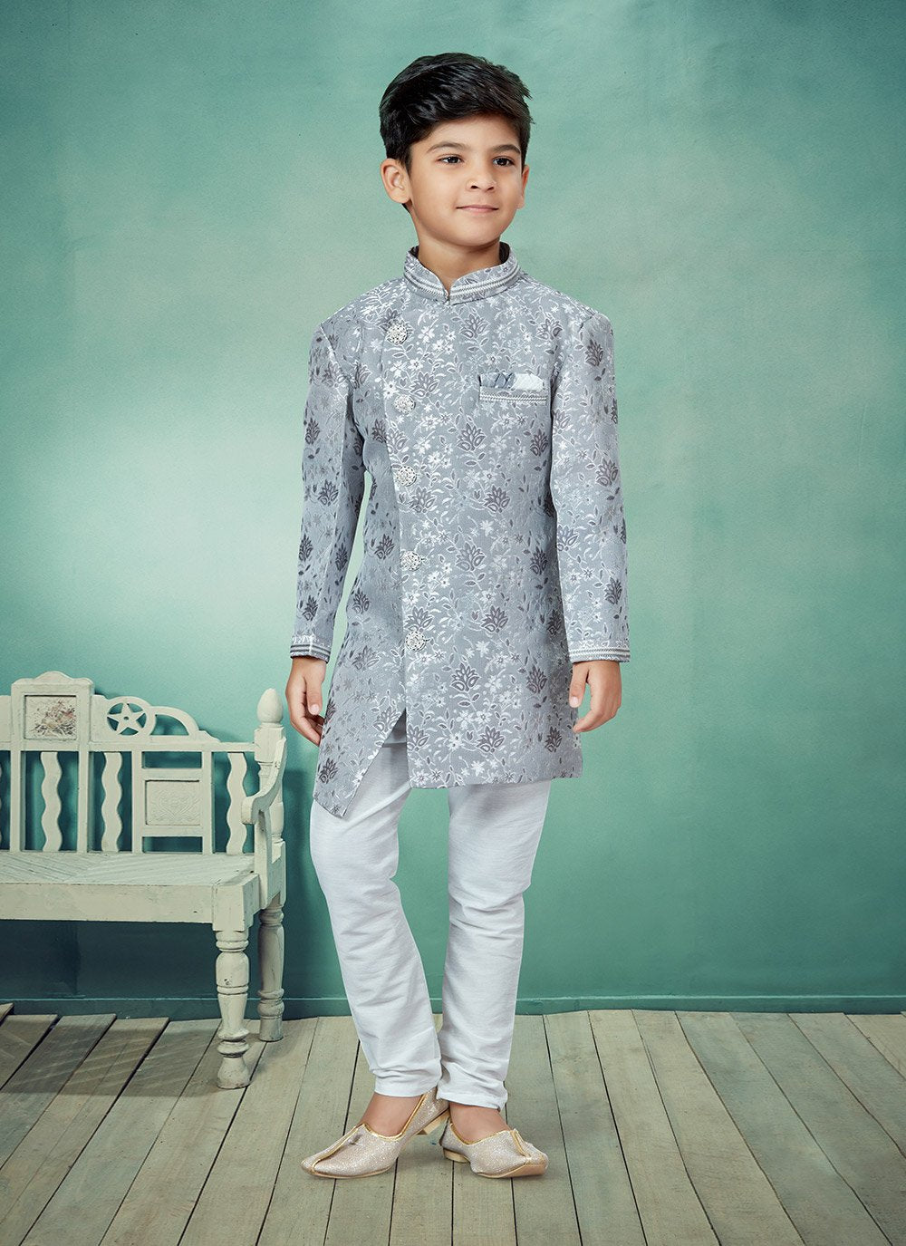 Indo Western Banarasi Jacquard Grey Lace Kids
