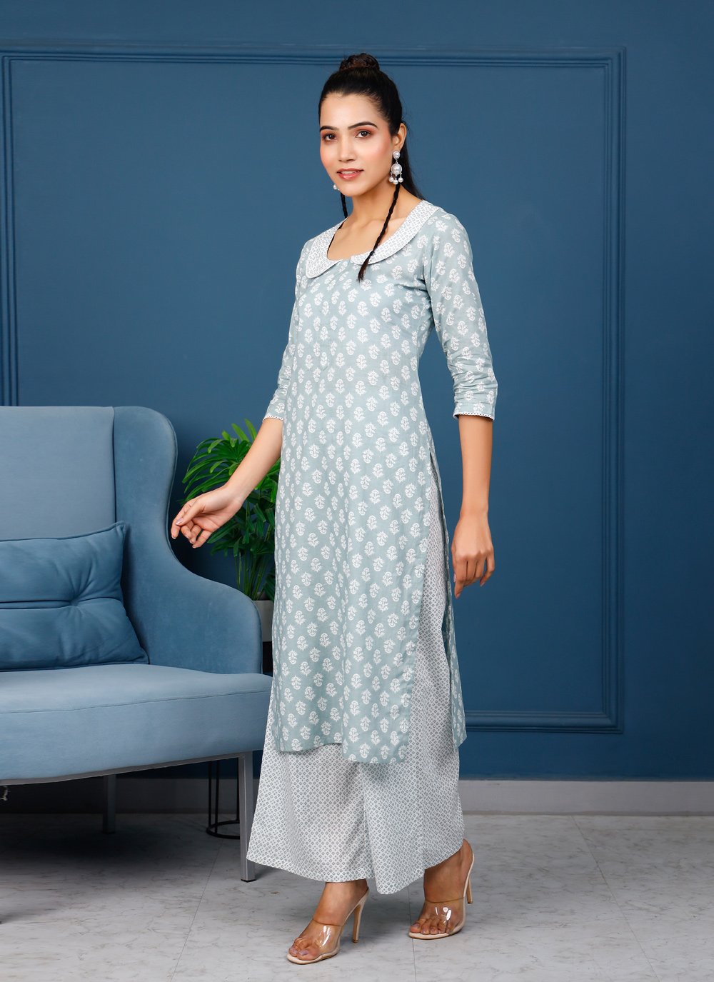 Palazzo Salwar Suit Cotton Grey Print Salwar Kameez