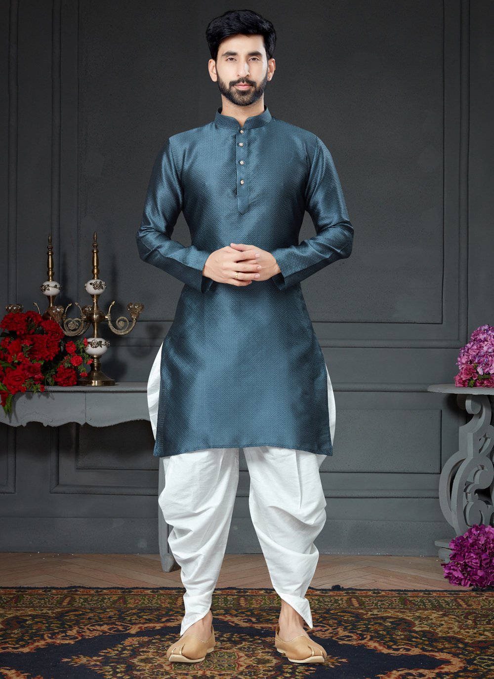 Dhoti Kurta Silk Grey Woven Mens