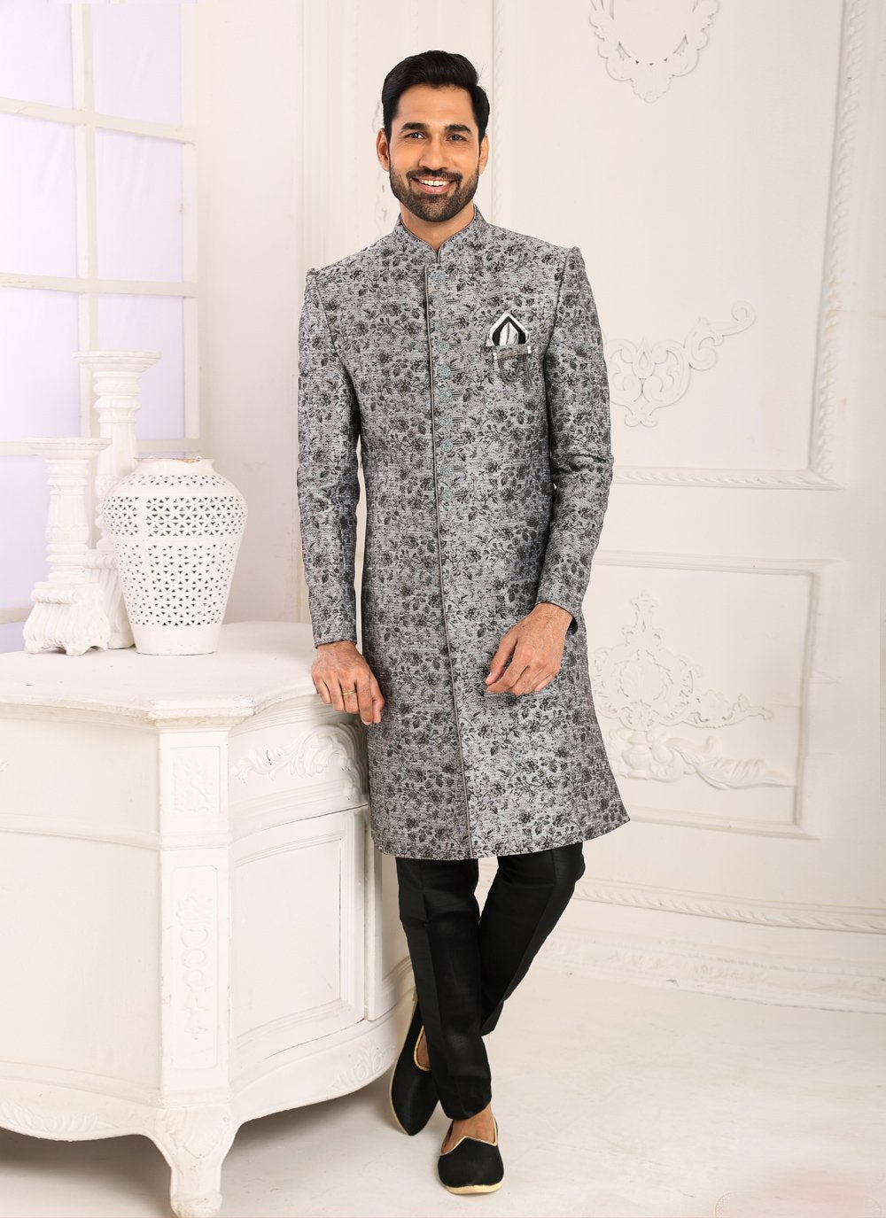 Indo Western Imported Jacquard Grey Embroidered Mens