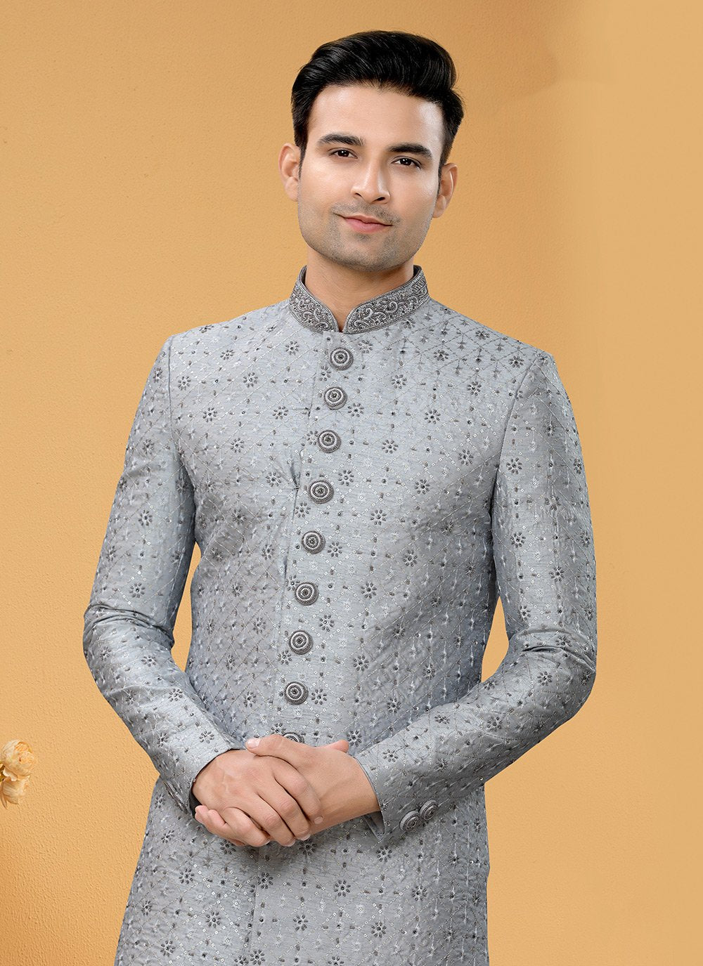 Indo Western Sherwani Art Silk Grey Hand Work Mens