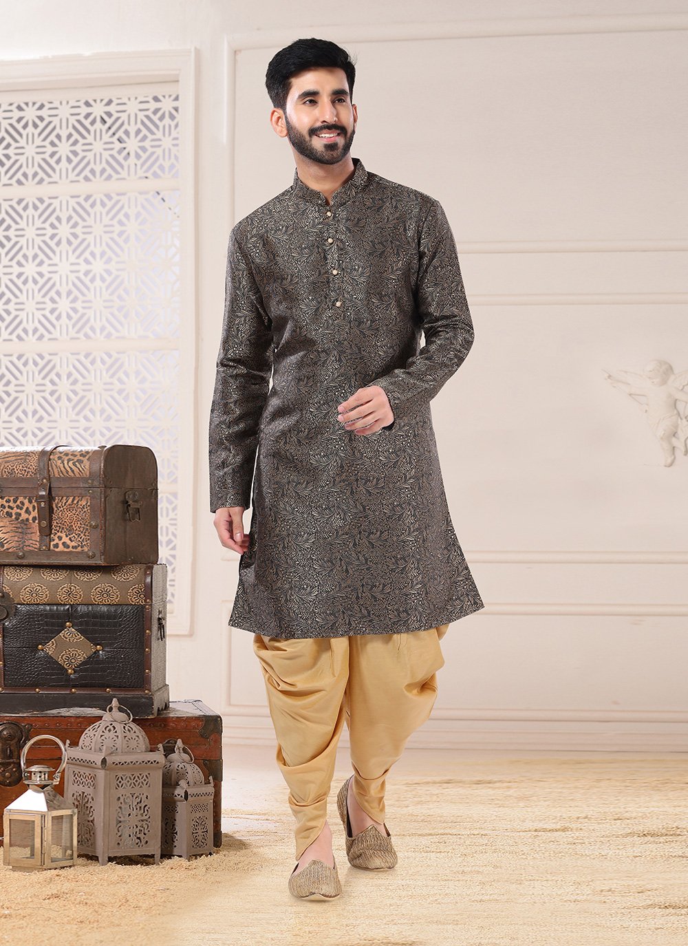 Dhoti Kurta Jacquard Grey Embroidered Mens