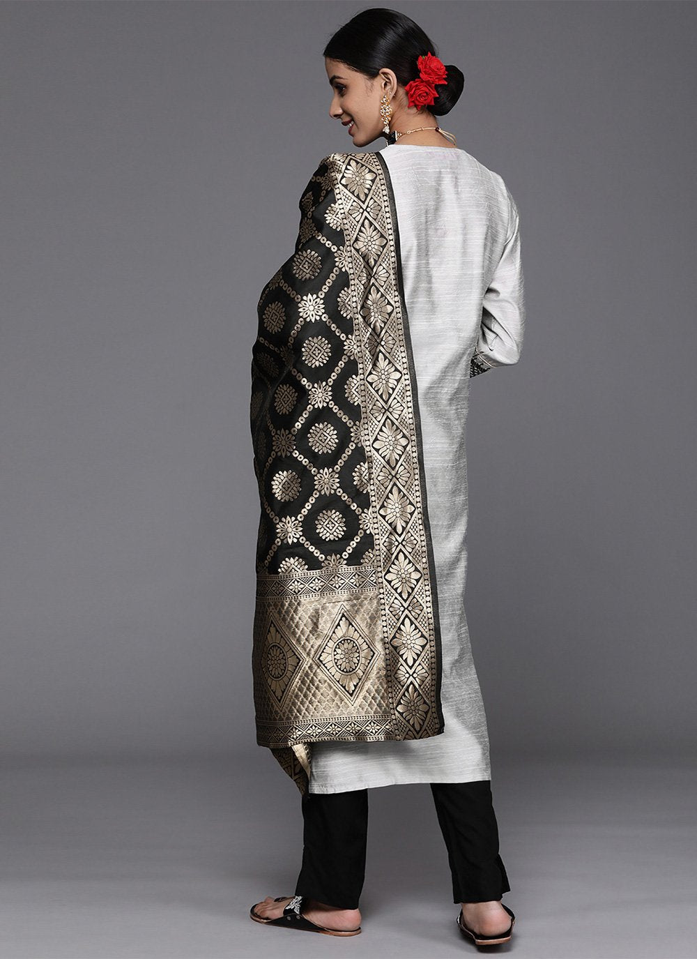 Pant Style Suit Art Silk Grey Embroidered Salwar Kameez