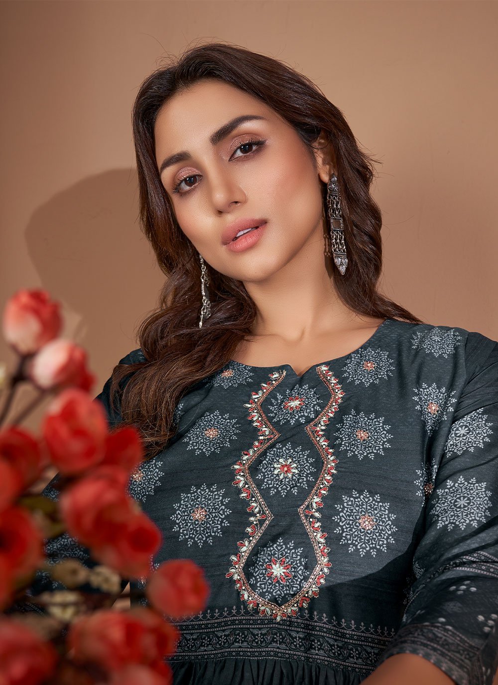 Designer Kurti Muslin Viscose Grey Embroidered Kurtis