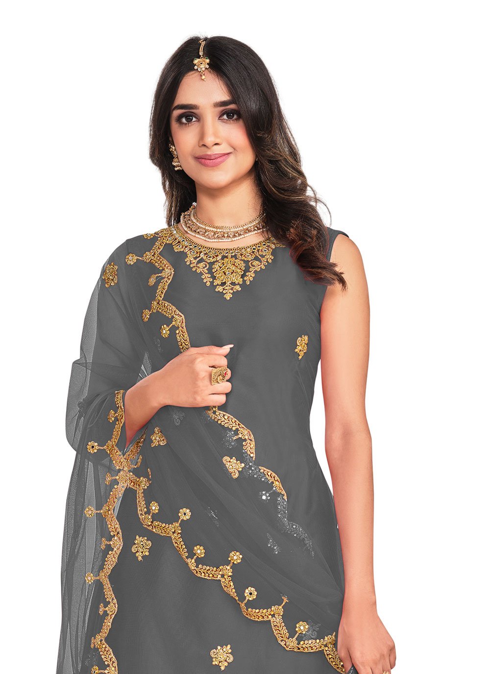 Jacket Style Suit Net Grey Cord Work Salwar Kameez