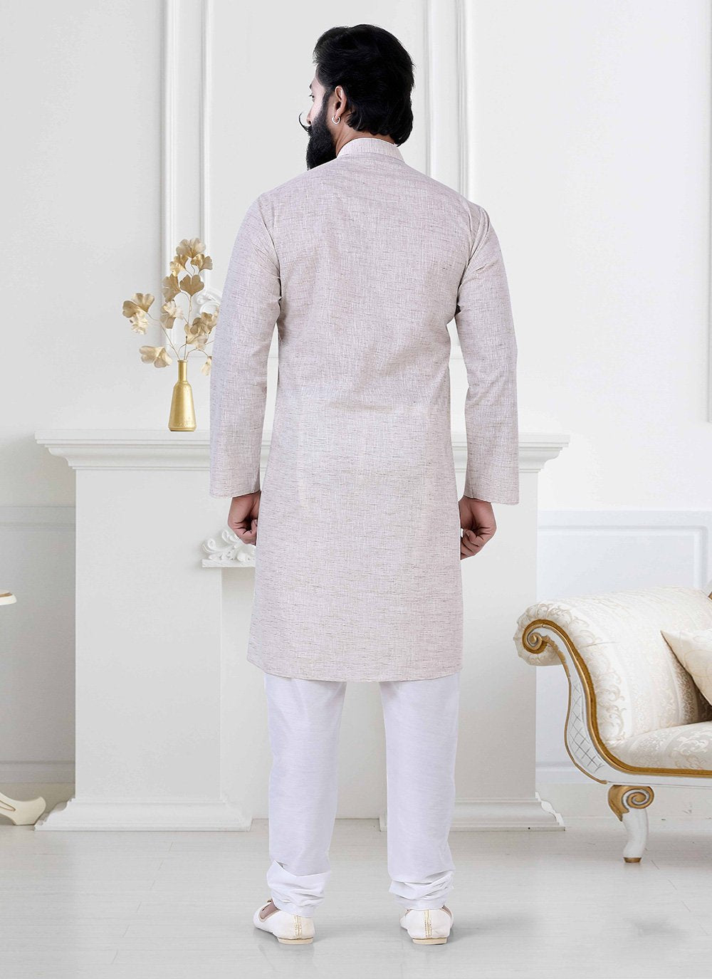 Kurta Pyjama Linen Grey Print Mens