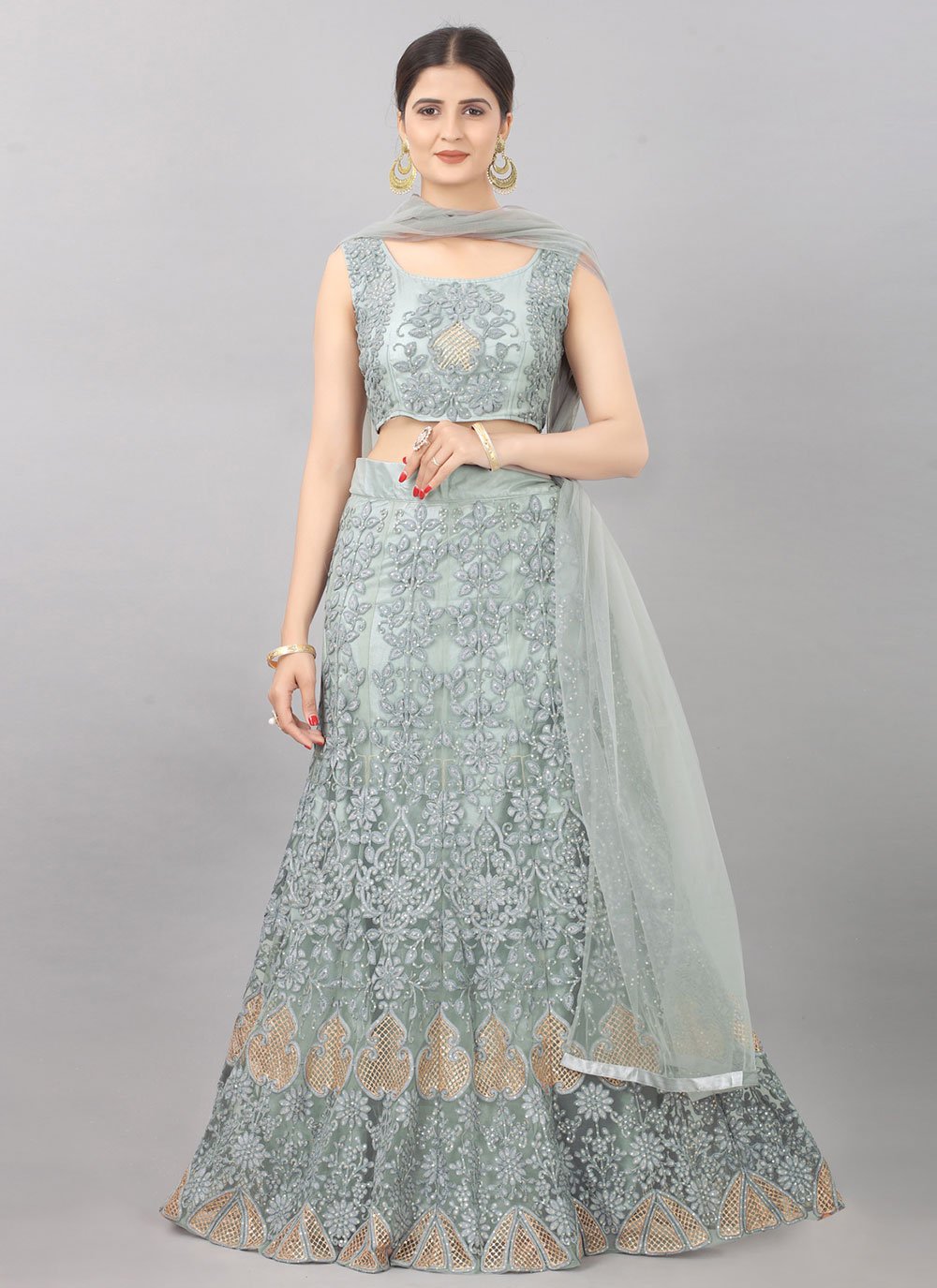A Line Lehenga Net Grey Embroidered Lehenga Choli