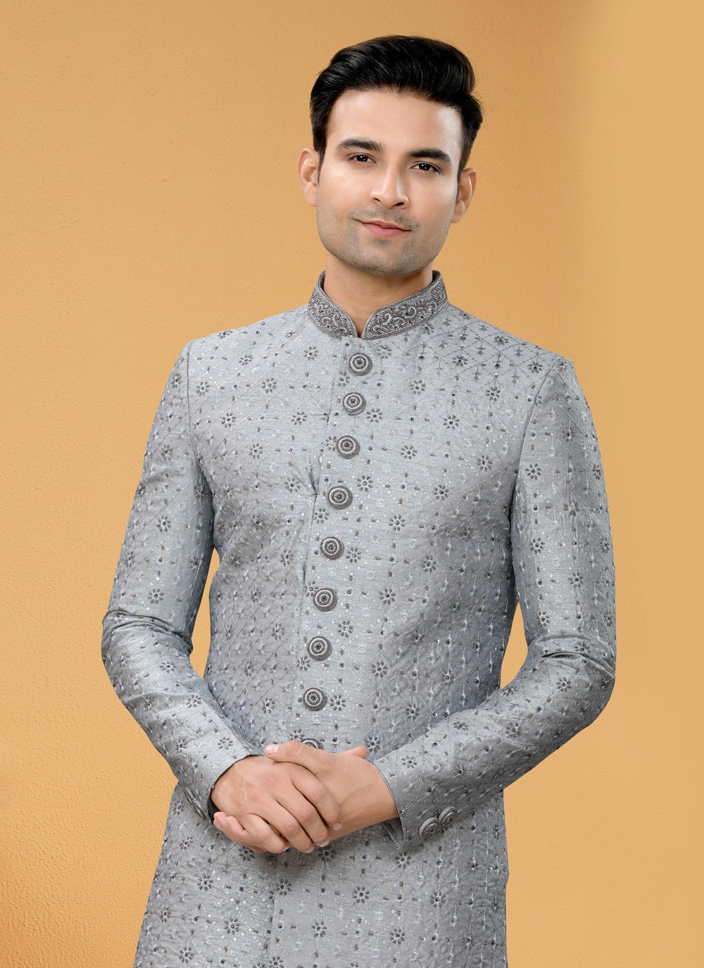 Indo Western Sherwani Art Silk Grey Hand Work Mens