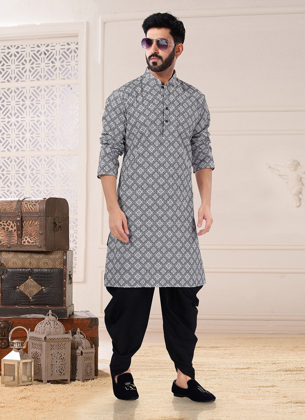 Dhoti Kurta Silk Grey Embroidered Mens