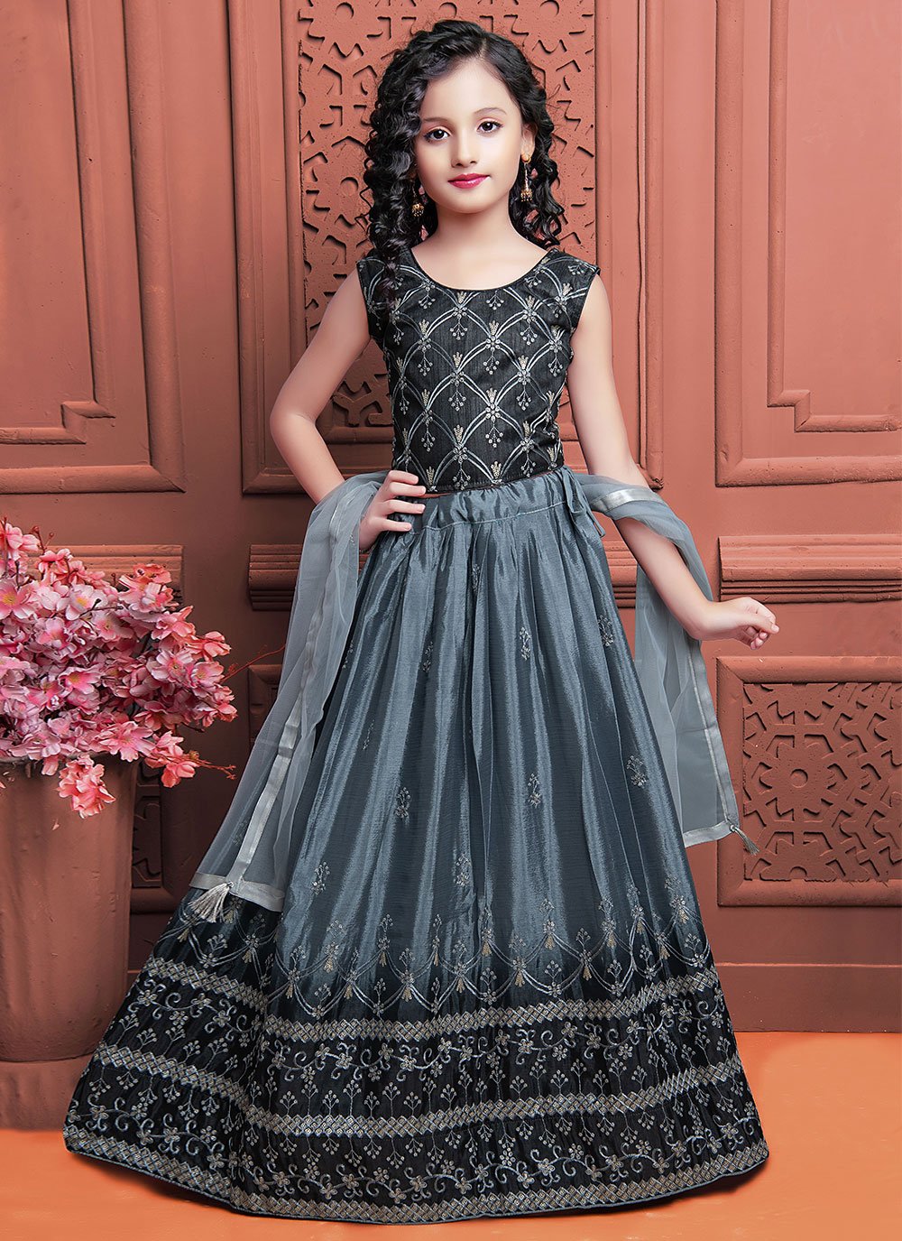 Lehenga Choli Chinon Grey Embroidered Kids