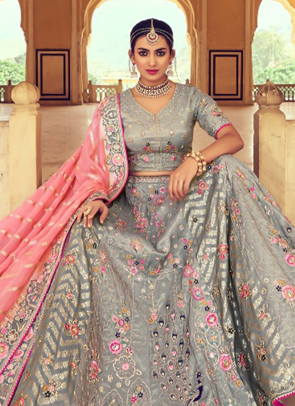 A Line Lehenga Silk Grey Beads Lehenga Choli