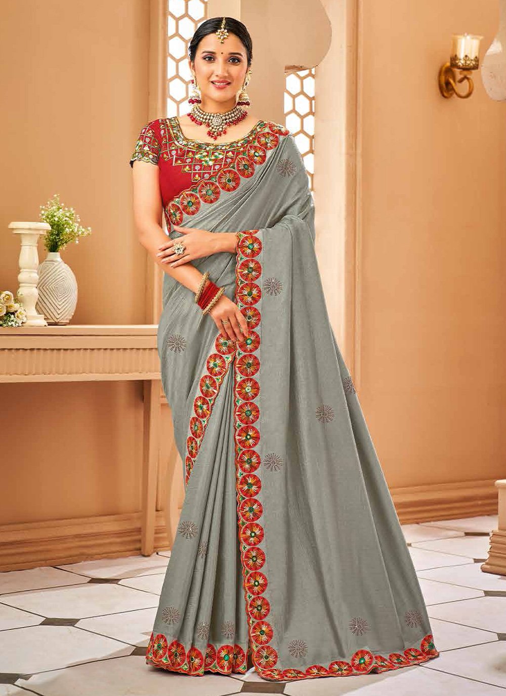 Trendy Saree Silk Grey Patch Border Saree