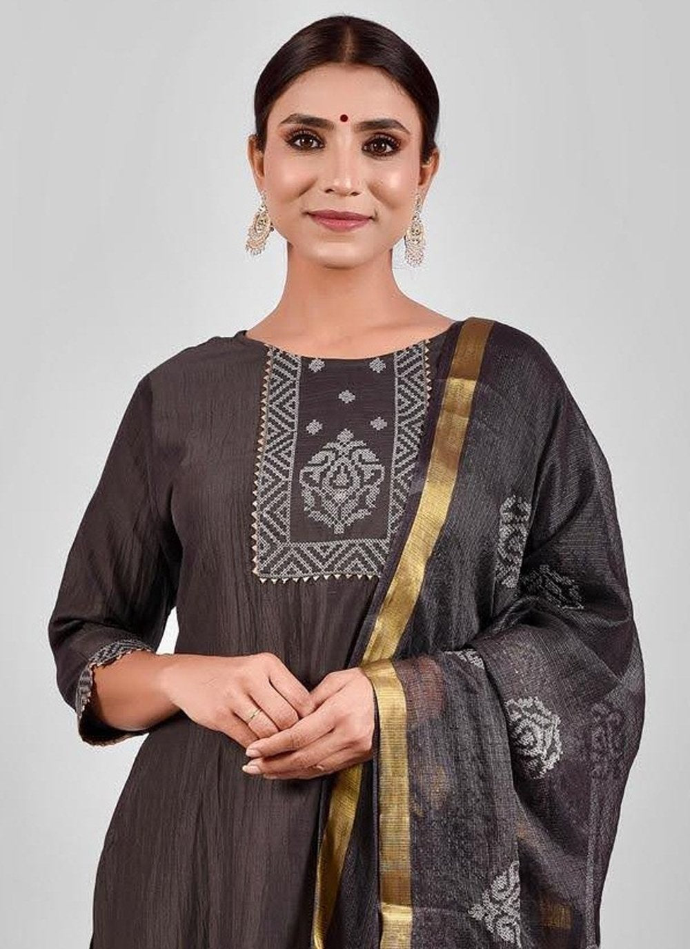 Pant Style Suit Chinon Silk Grey Fancy Work Salwar Kameez