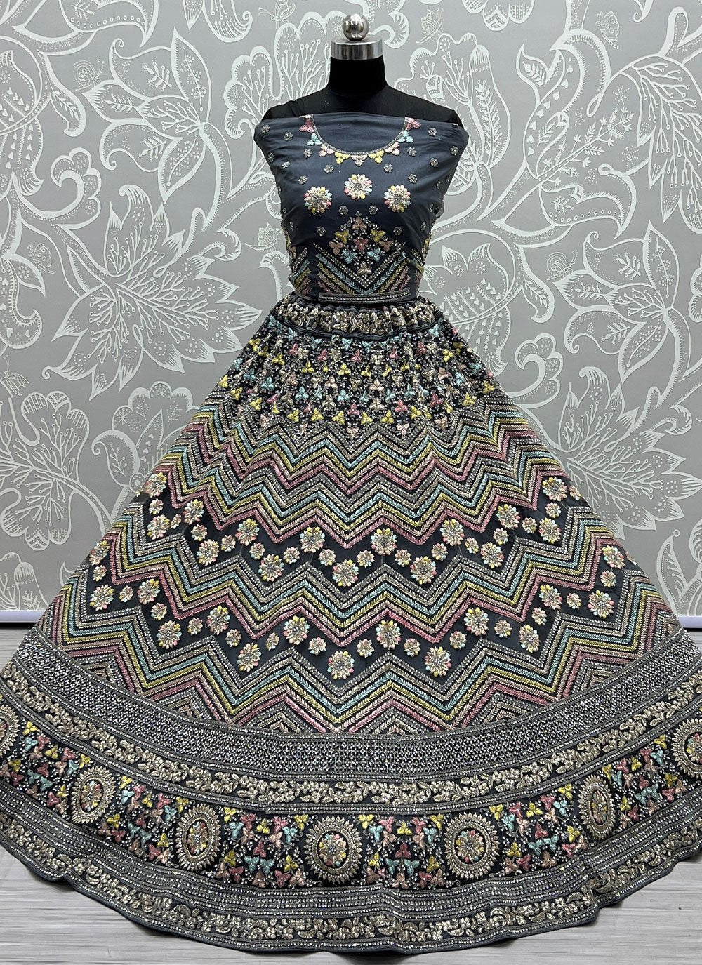 A Line Lehenga Net Grey Embroidered Lehenga Choli