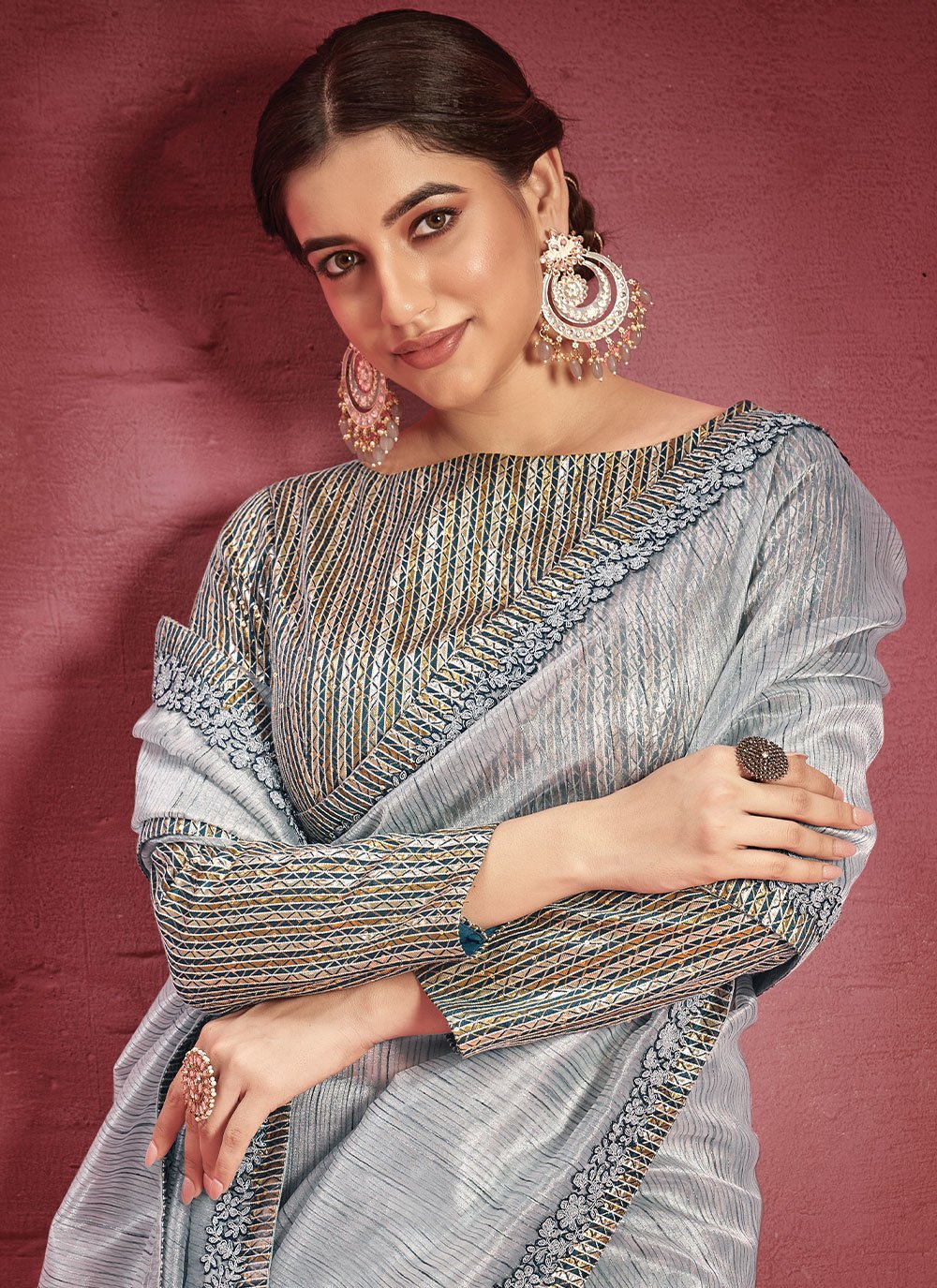 Contemporary Organza Silk Grey Lace Saree