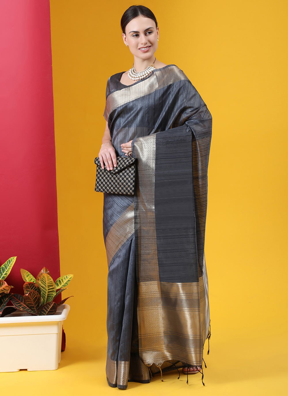 Contemporary Tussar Silk Grey Woven Saree