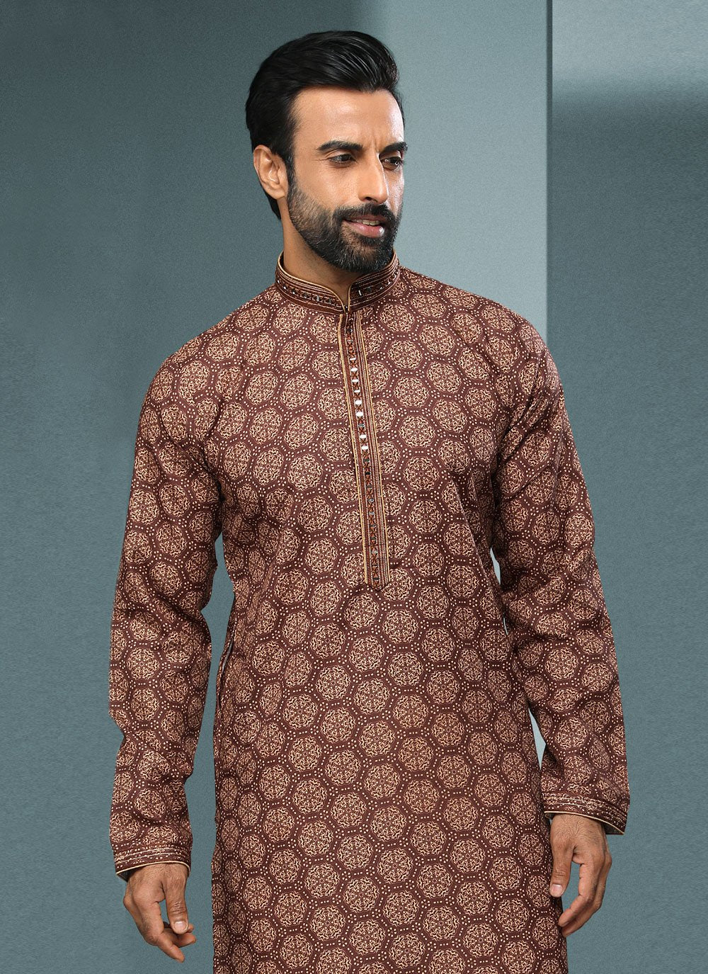 Kurta Pyjama Handloom Cotton Brown Digital Print Mens