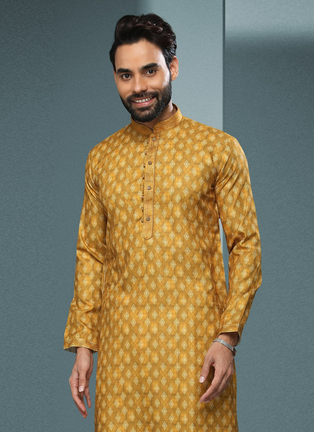 Kurta Pyjama Handloom Cotton Yellow Digital Print Mens