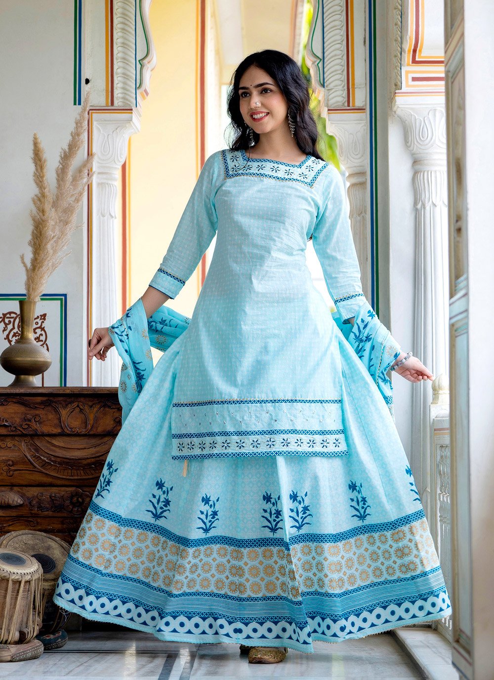 Designer Kurti Cotton Aqua Blue Embroidered Kurtis