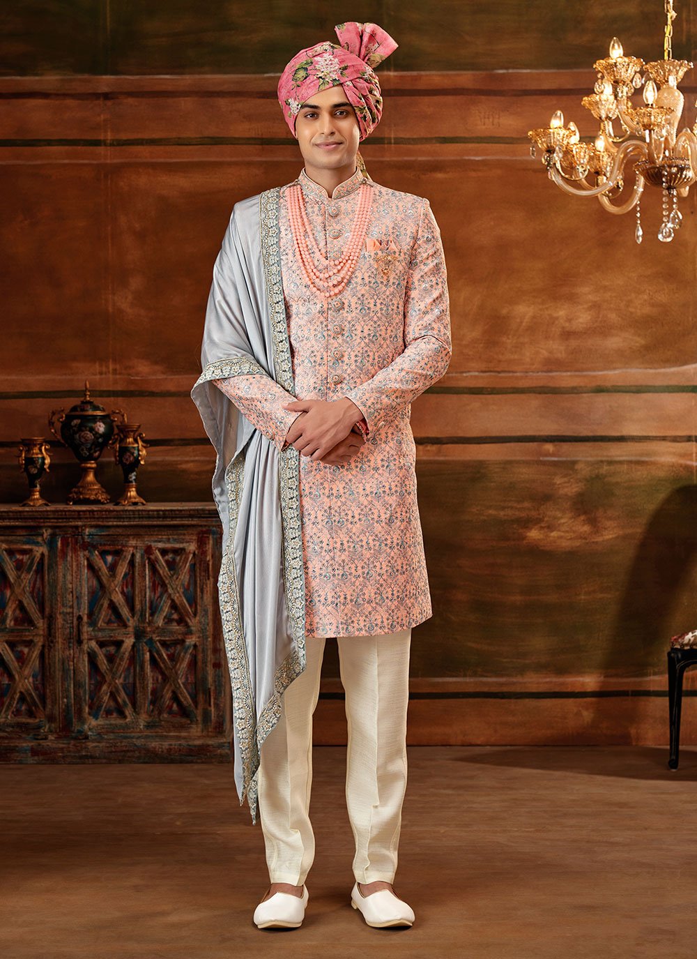 Sherwani Art Silk Peach Hand Work Mens