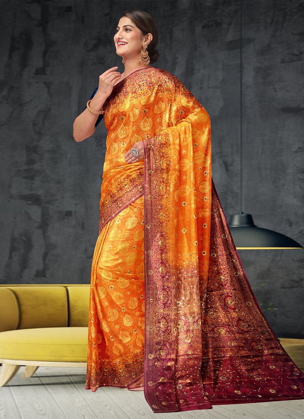 Classic Kanchipuram Silk Orange Hand Work Saree