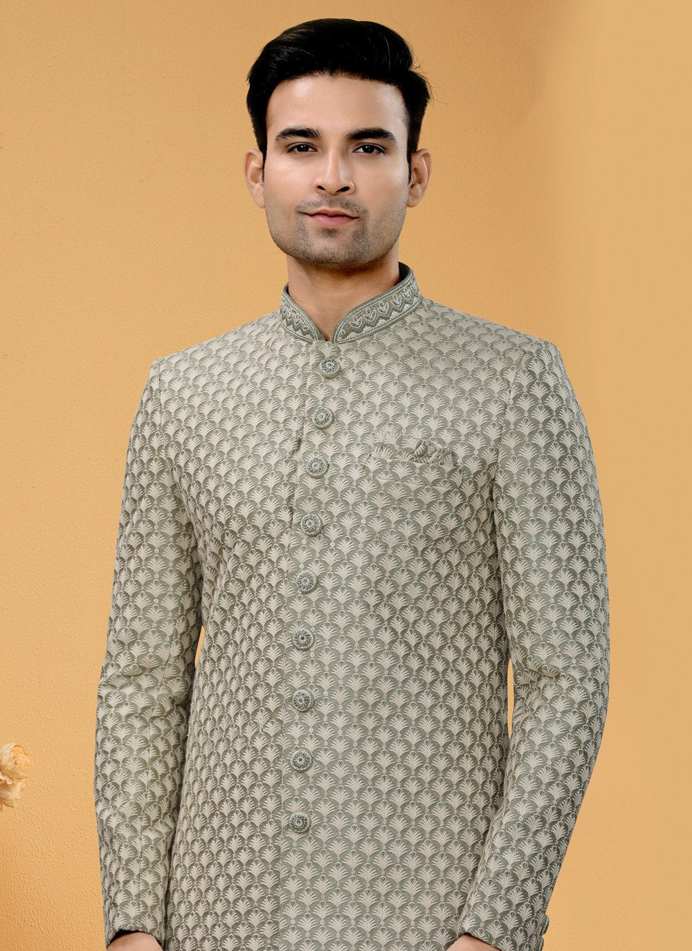 Indo Western Sherwani Fancy Fabric Green Hand Work Mens