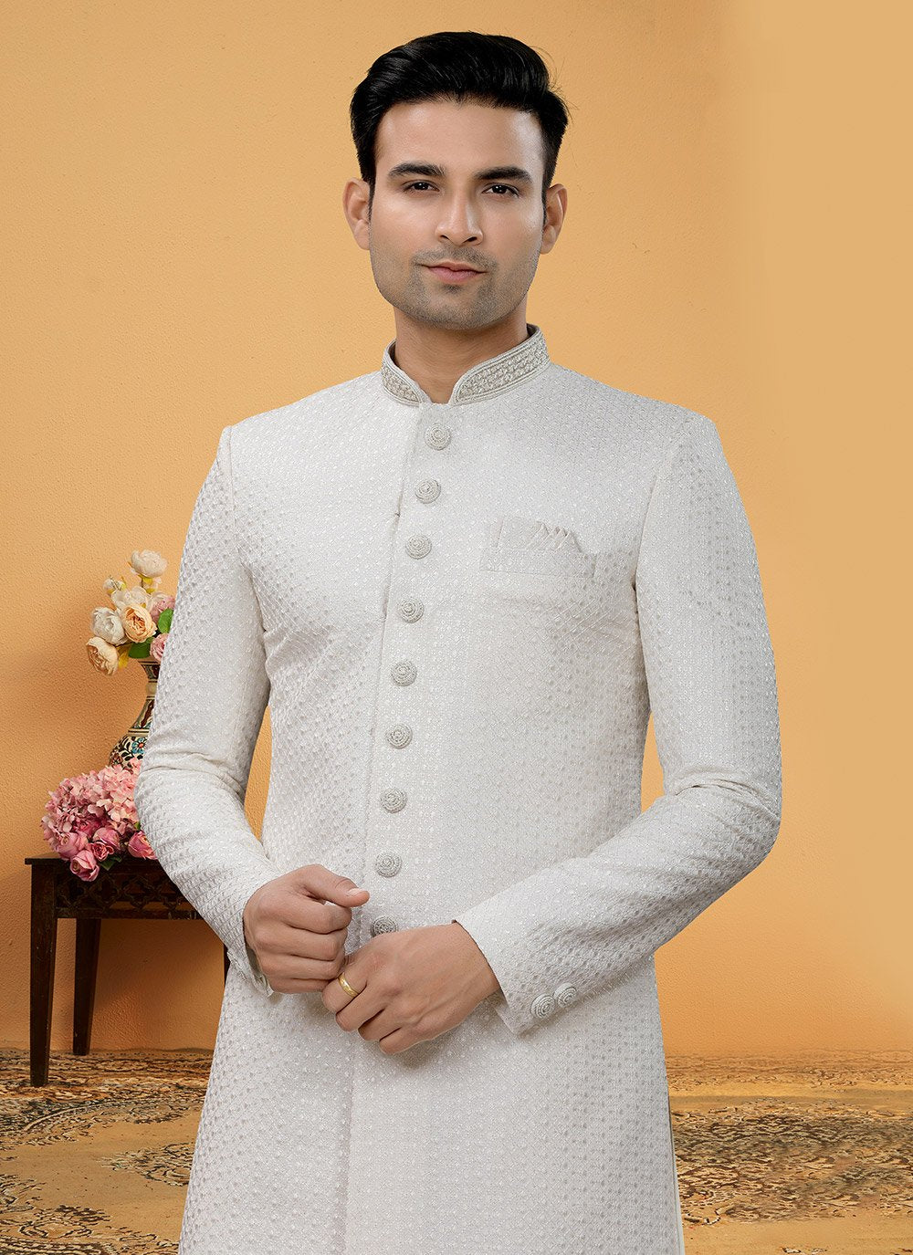 Indo Western Sherwani Fancy Fabric Off White Hand Work Mens