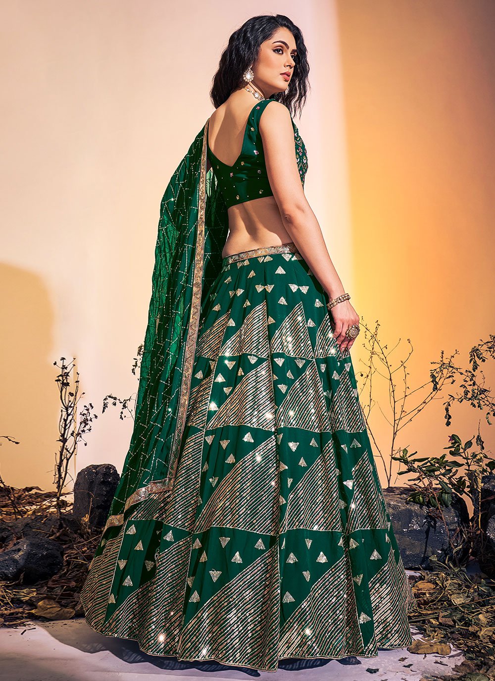 Lehenga Choli Georgette Green Hand Work Lehenga Choli