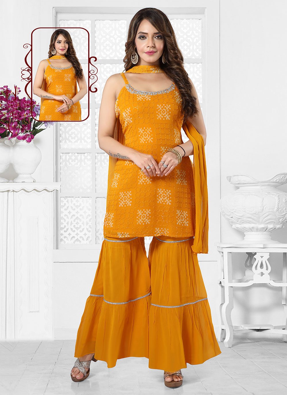 Salwar Suit Georgette Mustard Hand Work Salwar Kameez