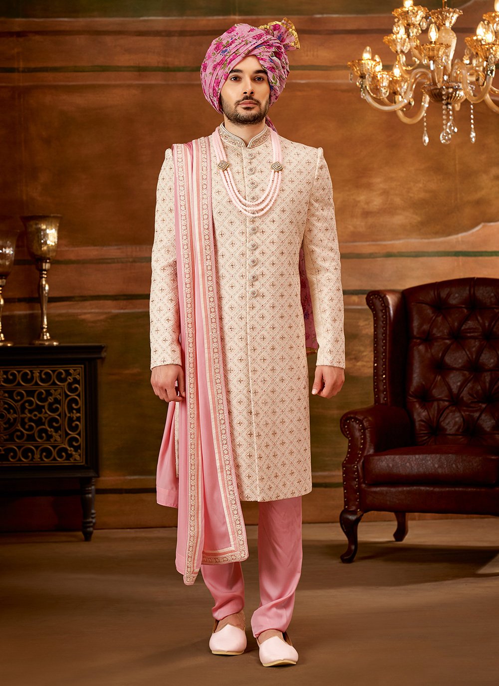 Sherwani Georgette Cream Hand Work Mens