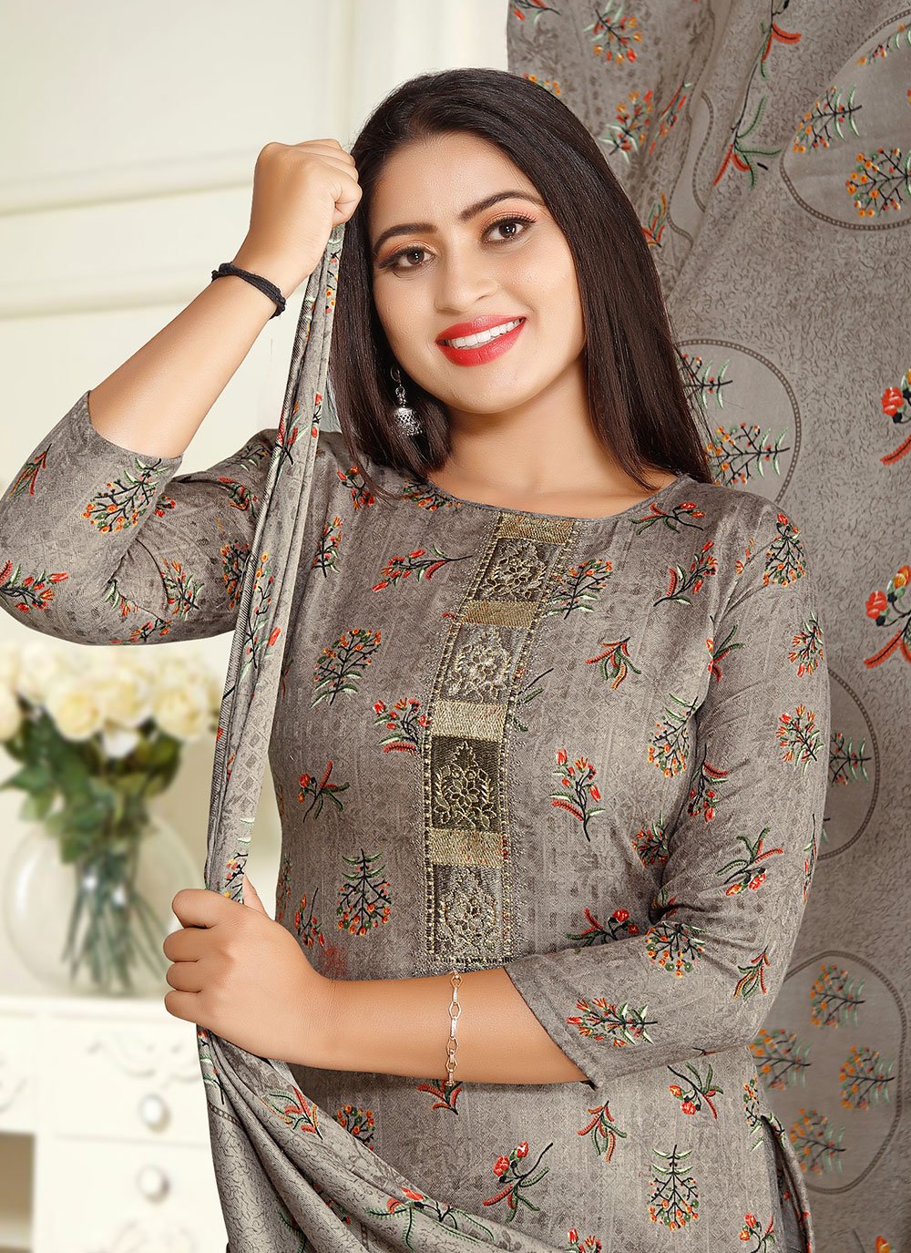 Salwar Suit Pashmina Grey Hand Work Salwar Kameez