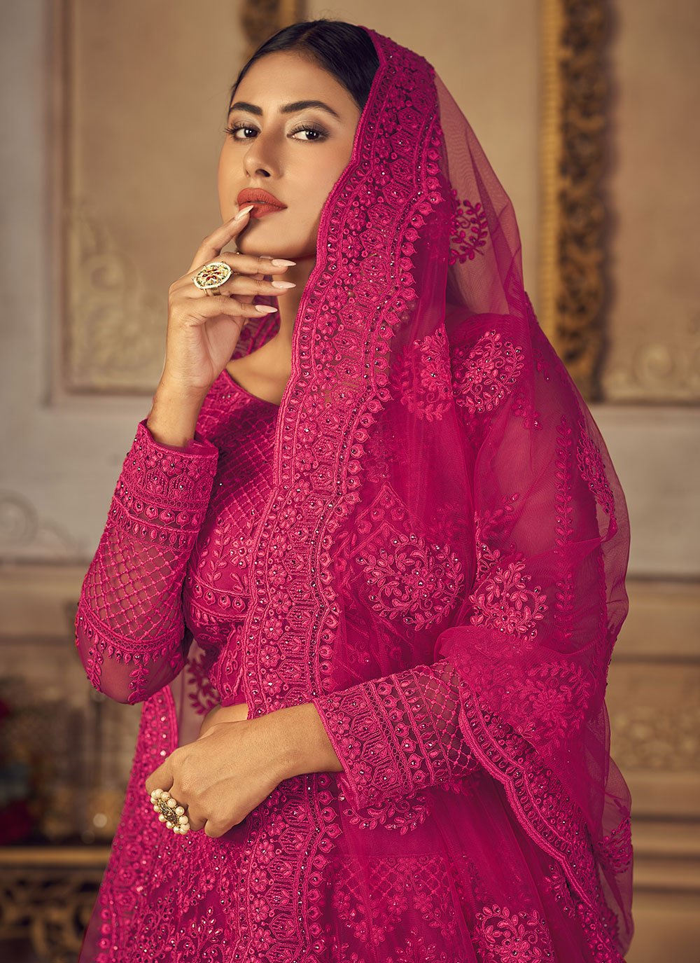 A Line Lehenga Net Hot Pink Embroidered Lehenga Choli