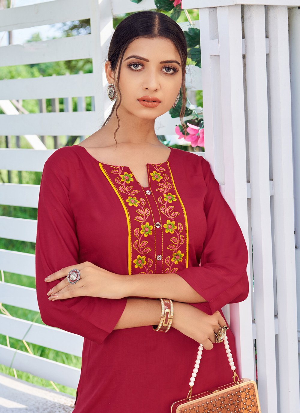 Casual Kurti Designer Rayon Hot Pink Embroidered Kurtis