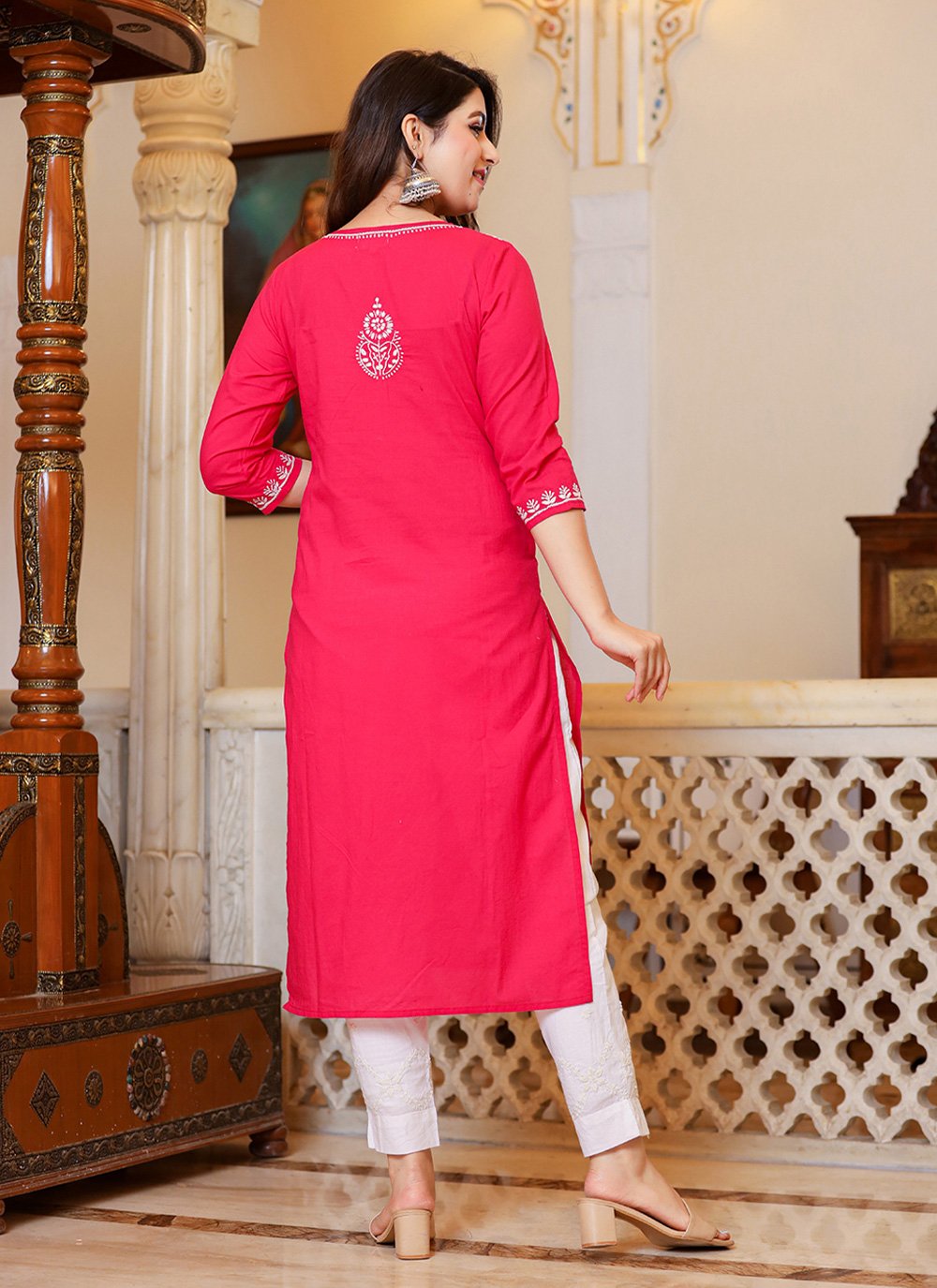 Straight Salwar Suit Cotton Hot Pink Lucknowi Work Salwar Kameez