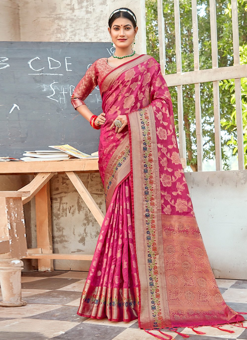Traditional Saree Organza Hot Pink Embroidered Saree
