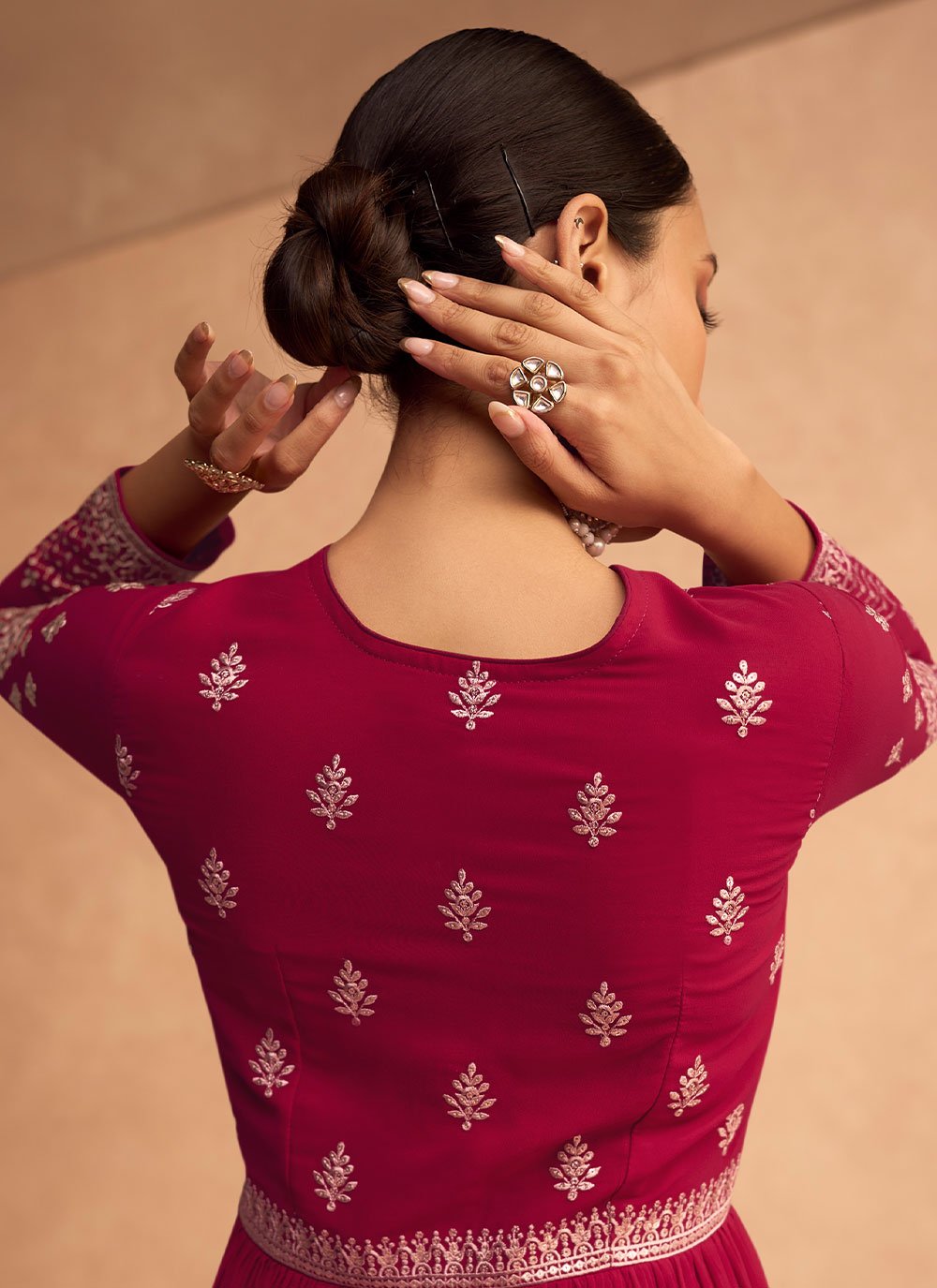 Designer Gown Georgette Hot Pink Embroidered Gown