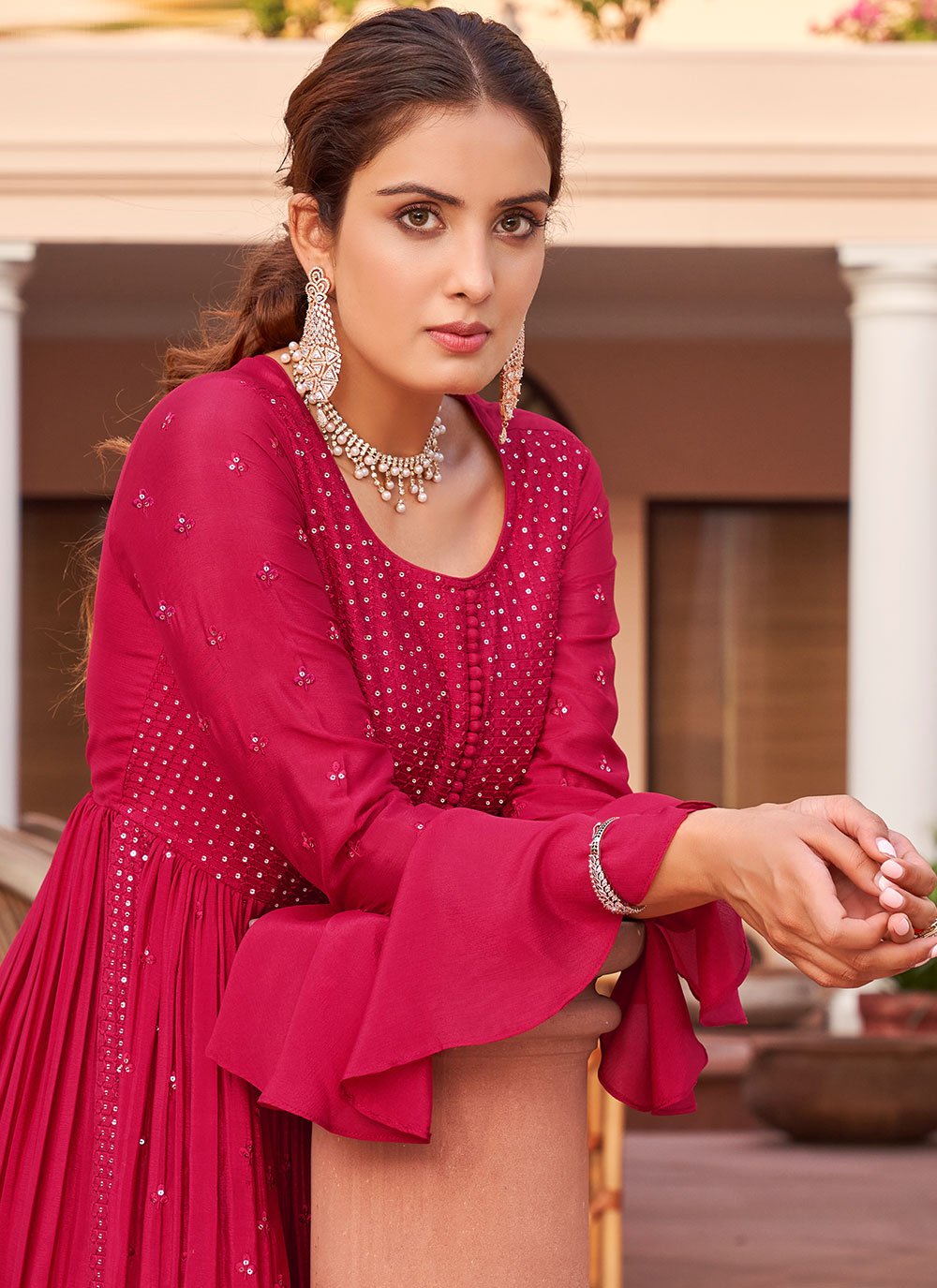 Anarkali Suit Chinon Hot Pink Embroidered Salwar Kameez