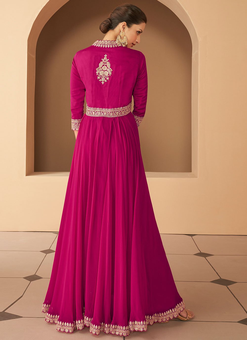 Gown Georgette Silk Hot Pink Embroidered Gown