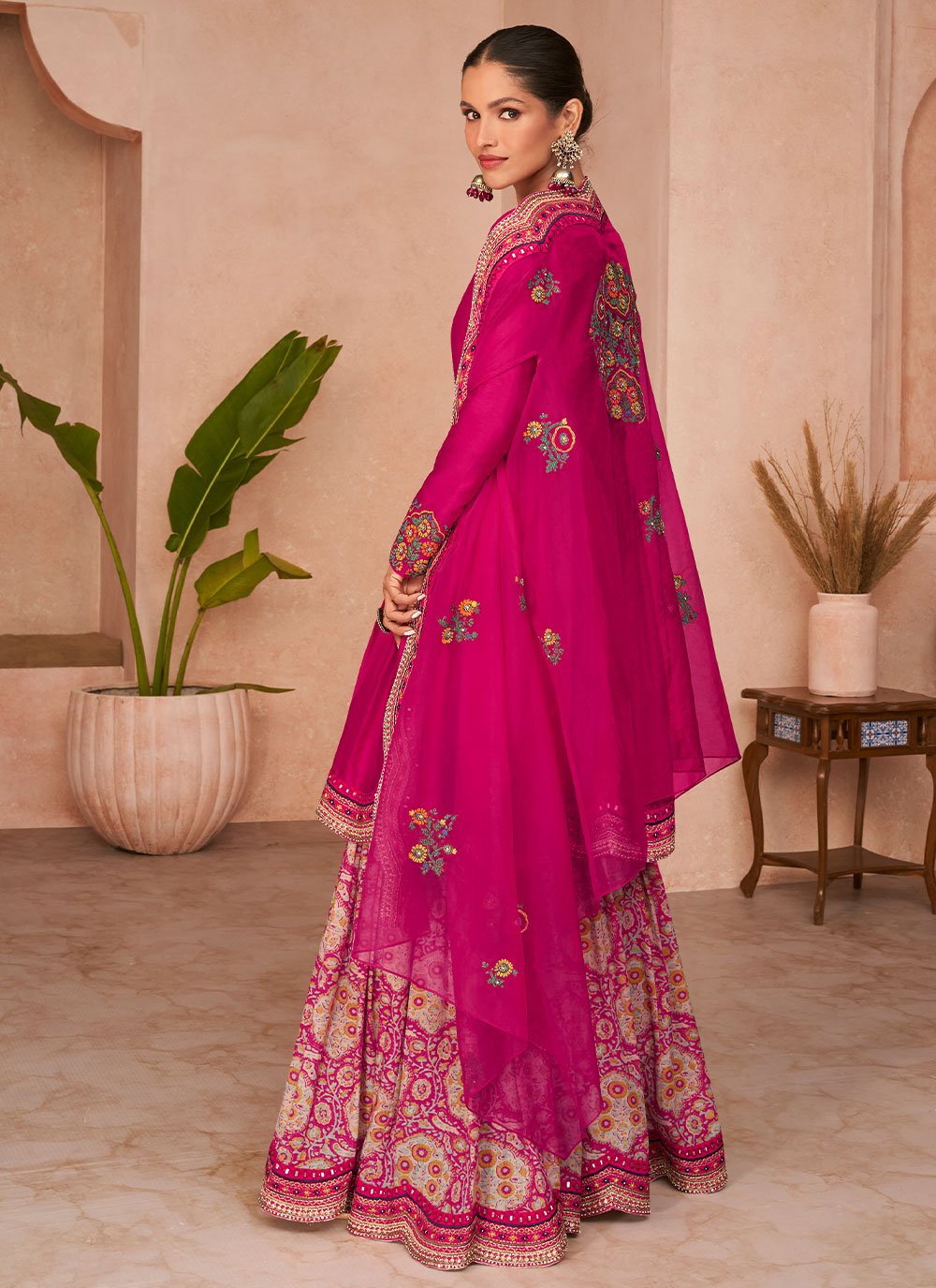Palazzo Salwar Suit Chiffon Silk Hot Pink Embroidered Salwar Kameez