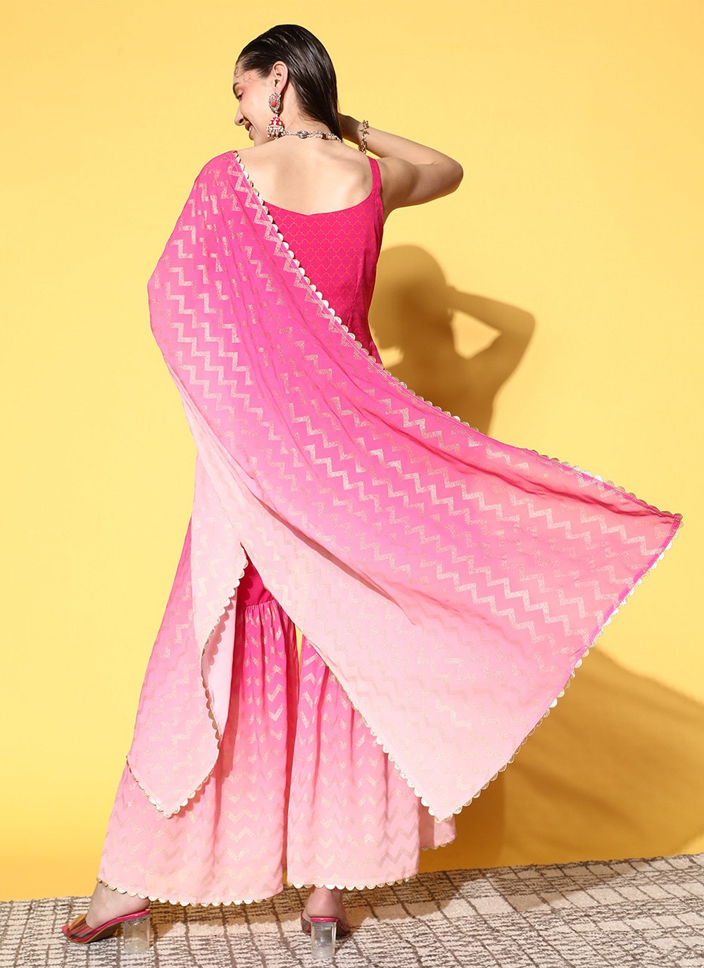 Party Wear Kurti Crepe Silk Hot Pink Print Kurtis