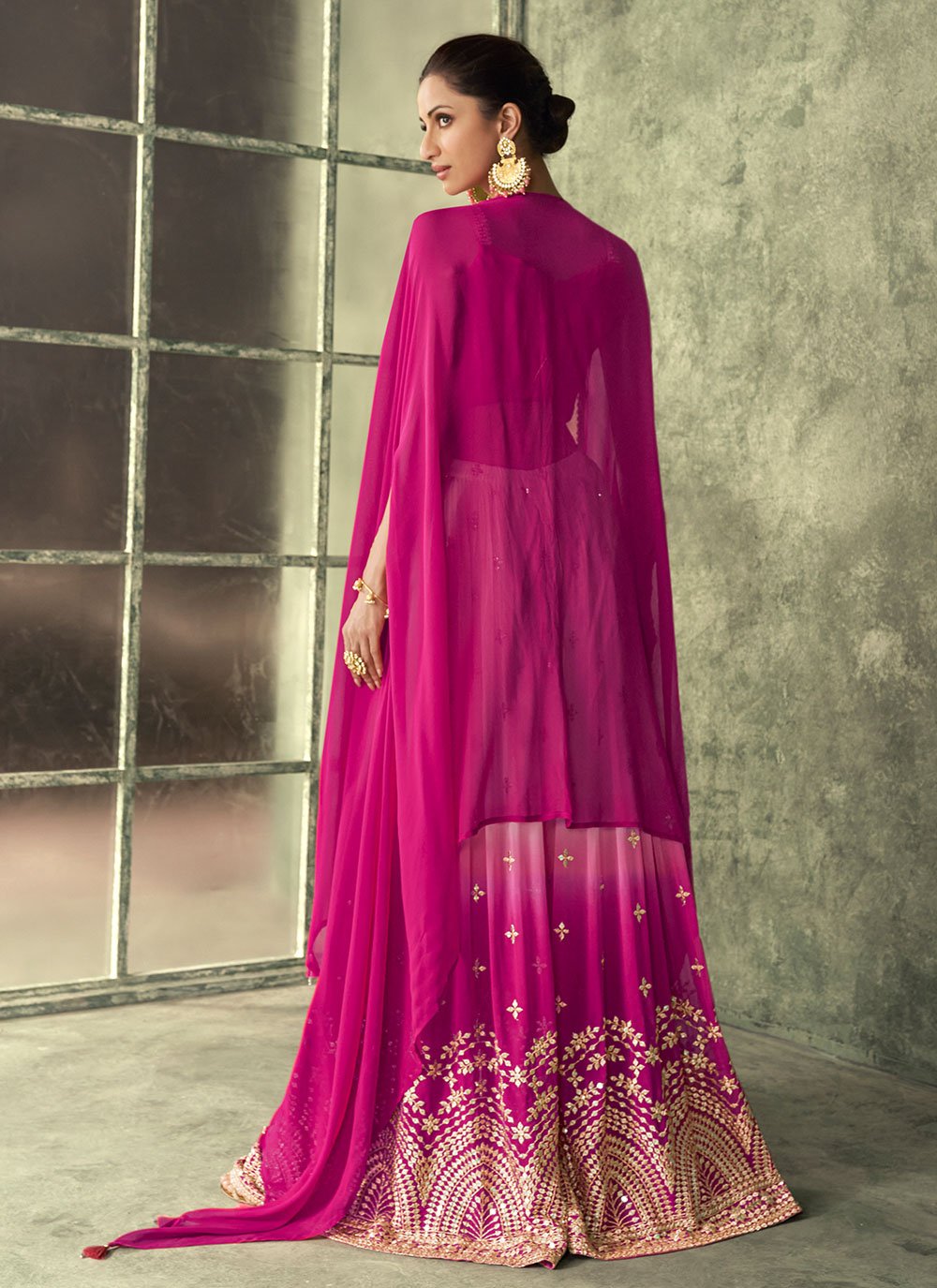 A Line Lehenga Georgette Silk Hot Pink Print Lehenga Choli