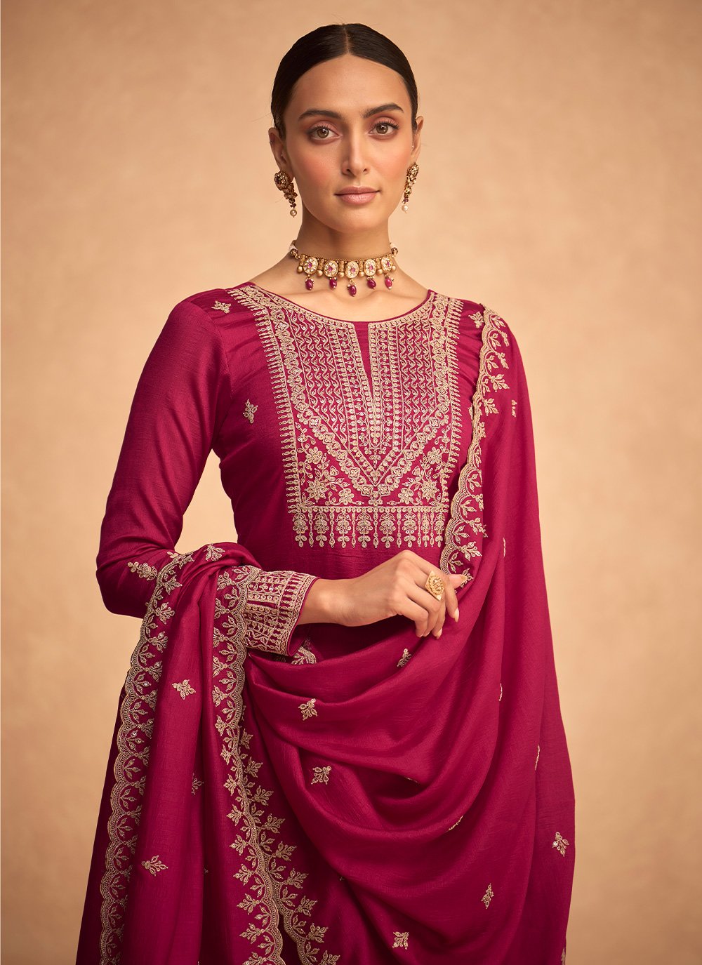 Palazzo Salwar Suit Silk Hot Pink Embroidered Salwar Kameez