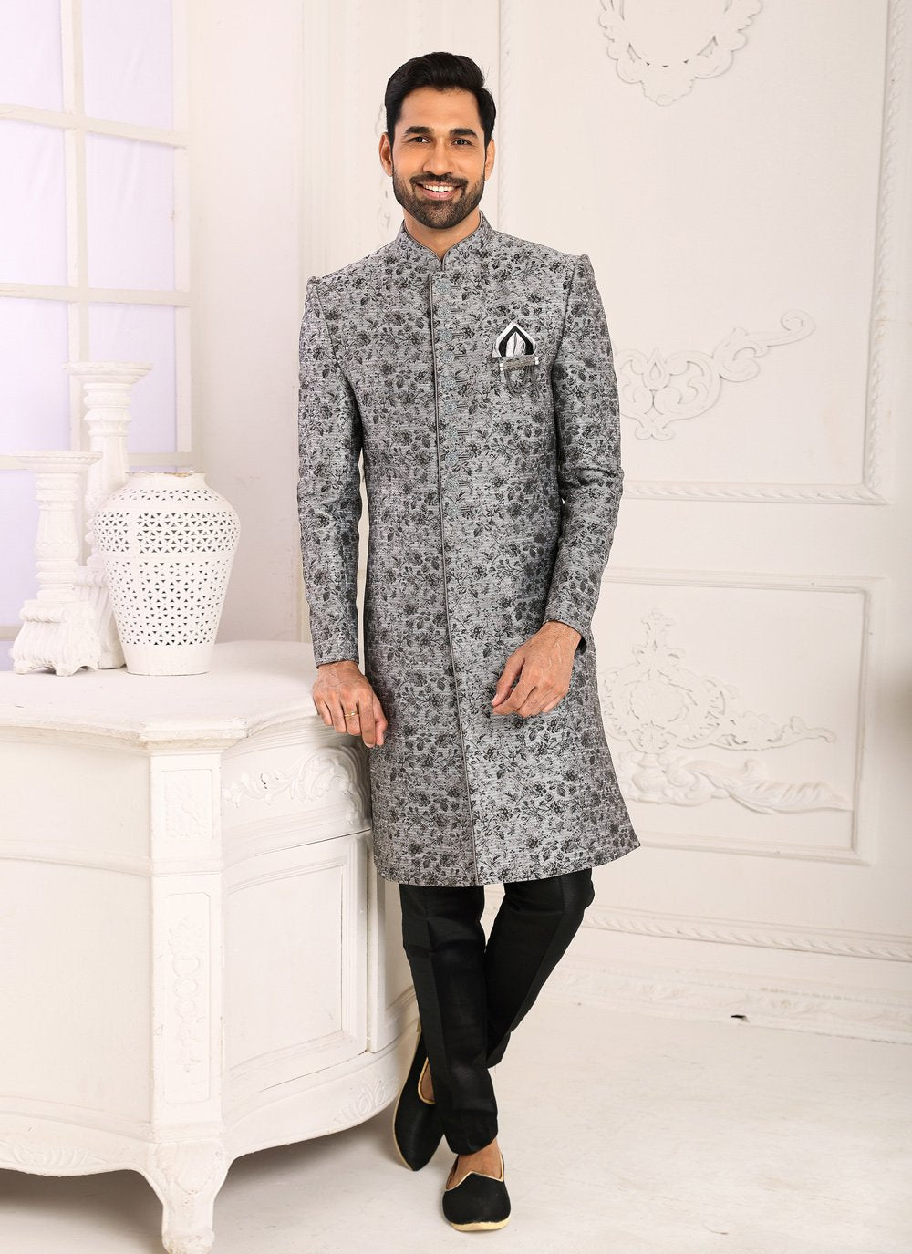 Indo Western Sherwani Imported Grey Jacquard Work Mens