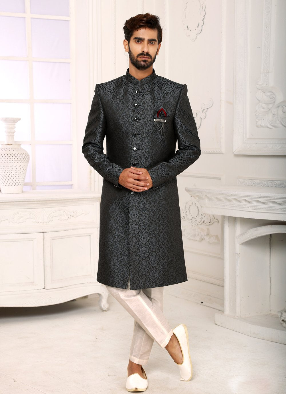 Indo Western Imported Jacquard Grey Embroidered Mens